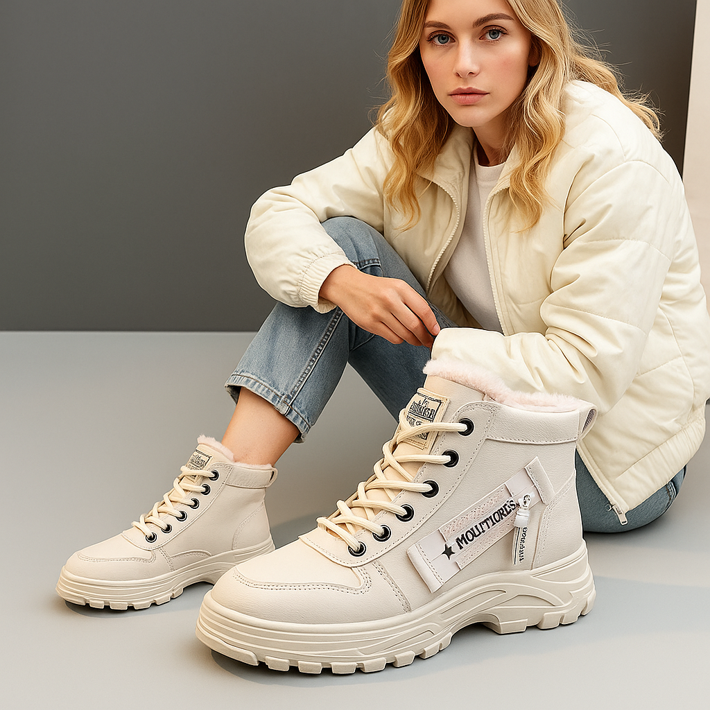 Bota Feminina Coturno Evolution Confort bege com forro peluciado