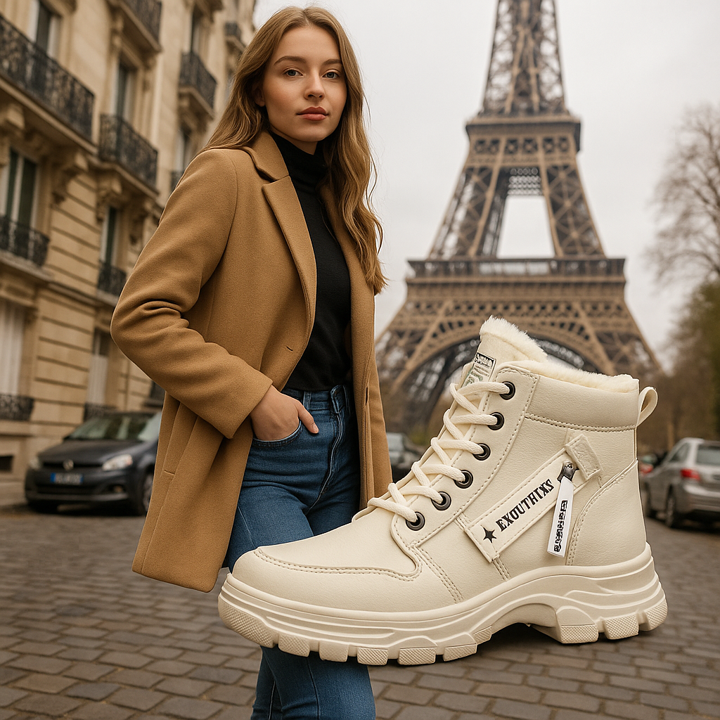 Bota Feminina Coturno Evolution Confort begie com forro peluciado