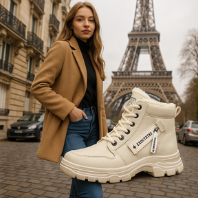 Bota Feminina Coturno Evolution Confort begie com forro peluciado
